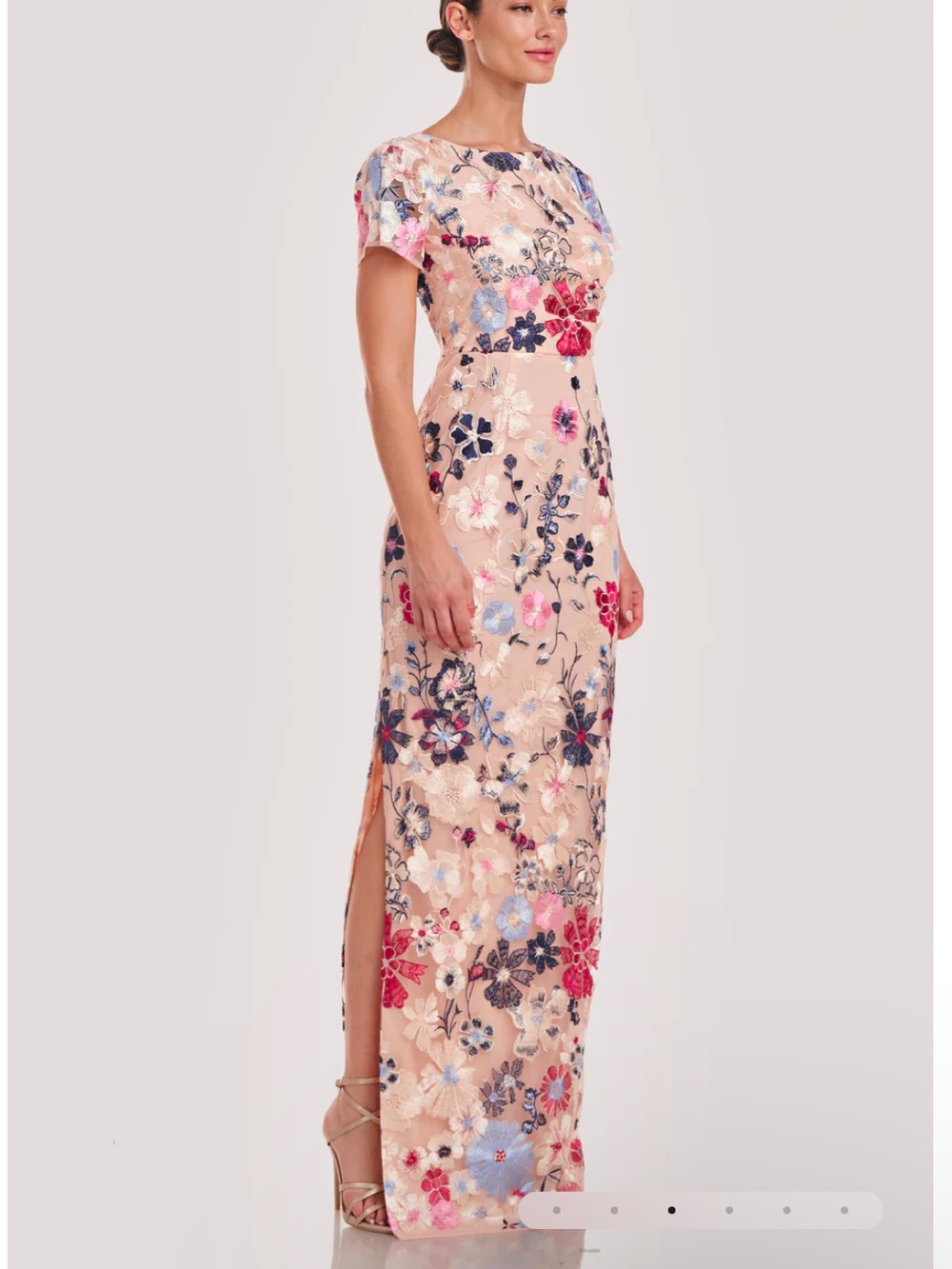 JS Collections 8 Magnolia Pleat-Sleeve Gown Rose Gold Floral‎ Embroidered Preppy